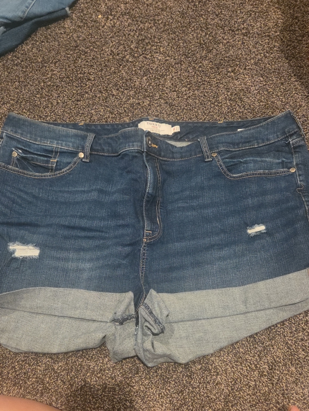 torrid dark blue cuffed distressed denim shorts